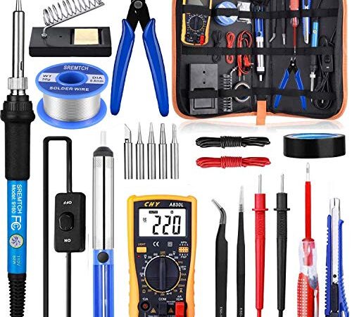 Soldering Iron Kit with Digital Multimeter, Rarlight 60W 110V Adjustable Temperature Welding Tool with ON/OFF Switch, Soldering Iron Tips, Desoldering Pump, Solder Wire, Tweezers, Stand, Screwdriver, Wire Stripper Cutter for Circuit Board Repair and Electronic DIY