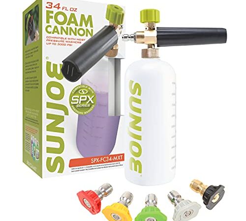 Sun Joe SPX-FC34-MXT Foam Cannon for SPX Series Electric Pressure Washers, 34 Oz, 1/4" Quick Connector, 5 Quick Connect Nozzle Tips, Fits Most Pressure Washers