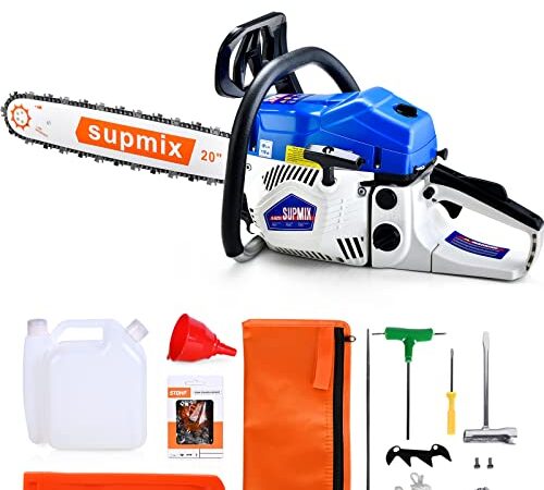 Supmix 62cc Gas Powered Chainsaw, 20-Inch Gasoline Powered Chain Saws, 3.4HP 2 Cycle Petrol Chainsaw Garden Tools, Handheld Cordless Petrol Chain Saw for Tree Trimming, Wood Cutting All Parts