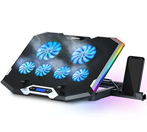 TopMate C11 Laptop Cooling Pad RGB Gaming Notebook Cooler, Laptop Fan Stand Adjustable Height with 6 Quiet Fans and Phone Holder, Computer Chill Mat, for 15.6-17.3 Inch Laptops - Blue LED Light