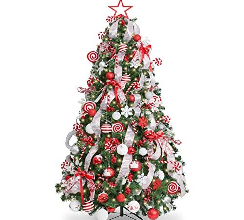 WBHome 6FT Decorated Artificial Christmas Tree with Ornaments and Lights, Red White Christmas Decorations Including 6 Feet Full Tree, Ornaments Set, 300 LED Lights