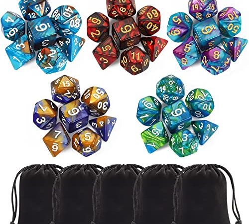 CiaraQ QLV Polyhedral Dice Set with a Big Black Drawstring Pouch, 20 Complete Dice Sets of D4 D6 D8 D10 D% D12 D20 Compatible with Dungeons and Dragons DND RPG MTG Table Games