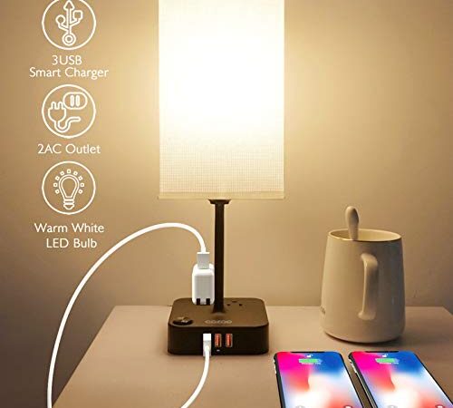 COZOO Bedside Table Desk Lamp with 3 USB Charging Ports and 2 Outlets Power Strip,Charger Base with White Fabric Shade,LED Light Home Decor for Bedroom/Nightstand/End Table/Living Room/Dorm/Room Decor