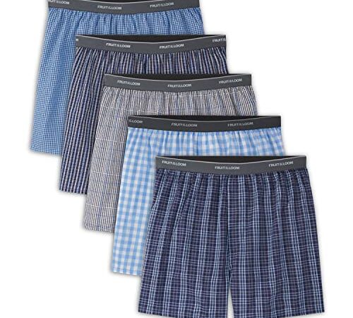 Fruit of the Loom Men's 5 Pack Exposed Waistband Assorted, Blues Boxer, Size Large