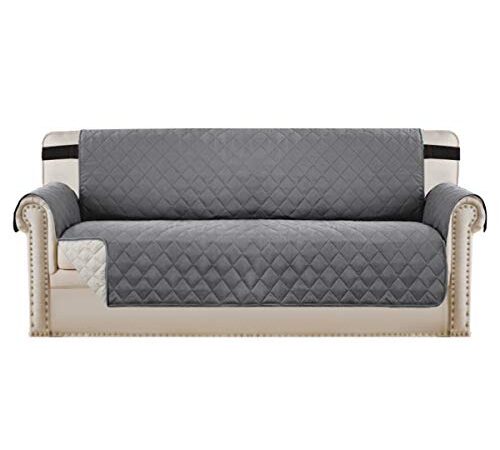 H.VERSAILTEX Sofa Covers Slipcovers 3 Seats Couch Covers Sofa Protector Cover Feature Water Resistant Soft Thick Foam Quitted Fabric with Non Slip Straps (Seat Width: 66", Grey/Beige)