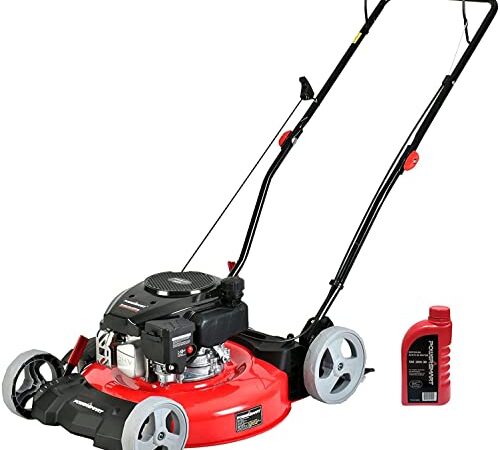 PowerSmart 21-Inch Gas Lawn Mower, 144CC 4-Stroke Engine, Side Discharge & Mulching 2-in-1 Lawn Mowers, 5 Cutting Height Adjustable, Oil Included