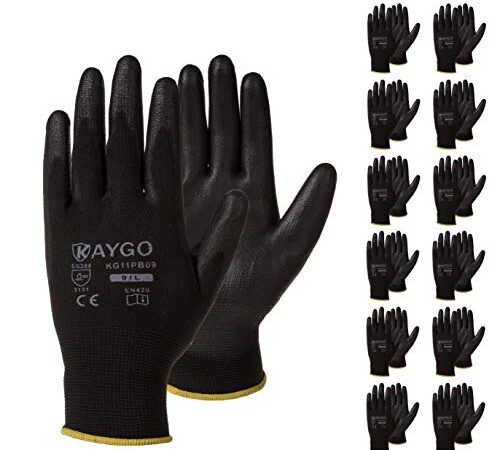 Safety Work Gloves PU Coated-12 Pairs,KAYGO KG11PB, Seamless Knit Glove with Polyurethane Coated Smooth Grip on Palm & Fingers, for Men and Women, Ideal for General Duty Work (L, Black)