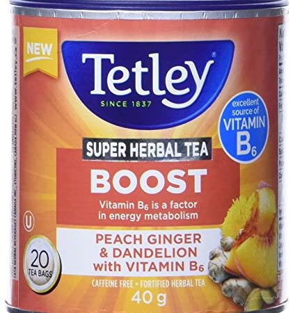 Tetley Super Herbal Tea Boost: Peach Ginger & Dandelion with Vitamin B6 - 20ct Imported from Canada