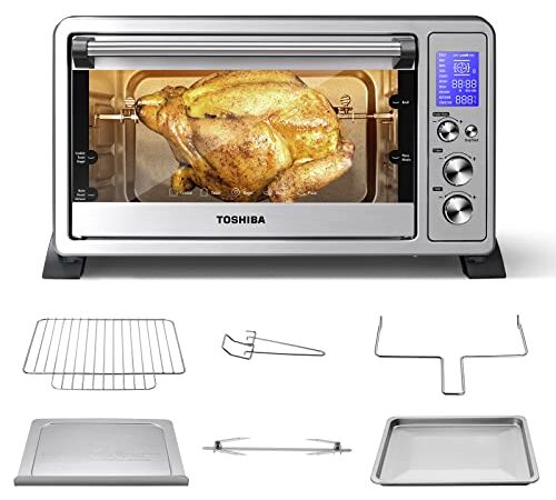 TOSHIBA AC25CEW-SS Large 6-Slice Convection Toaster Oven Countertop, 10-In-One with Toast, Pizza and Rotisserie, 1500W, Stainless Steel, Includes 6 Accessories