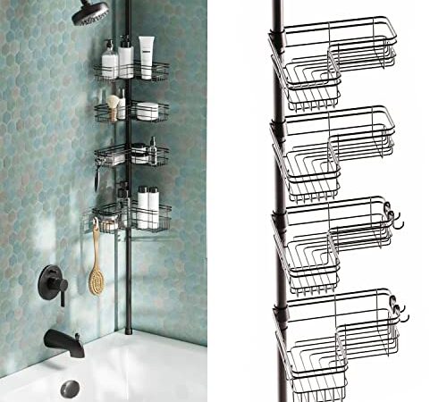 Zenna Home Shower Tension Pole Caddy, Bronze, 4 Corner-hugging Baskets (E2159HB)